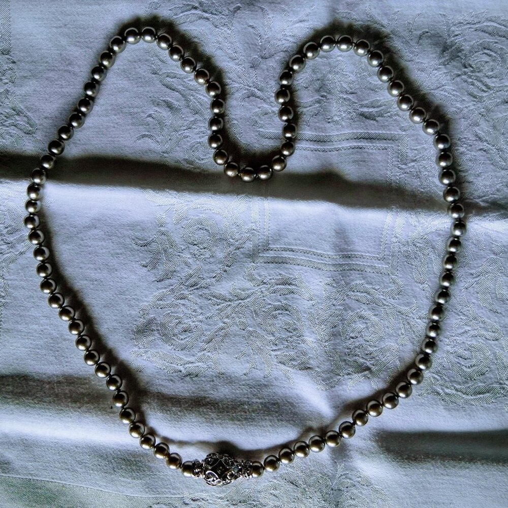Vintage 31" Shiny Silver Pearl Necklace with Decorative Rhinestone Addition